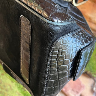 VERSACE Black Pony Hair Croc Embossed Suede Leather Dome Satchel