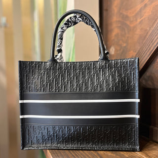 CHRSITIAN DIOR Black Embossed Logo Calfskin  Medium Book Tote