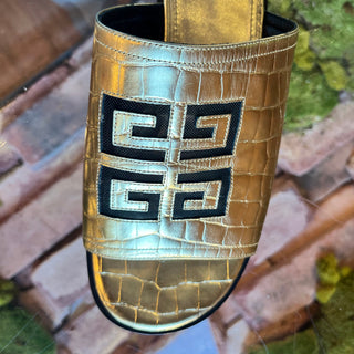 GIVENCHY 4G Cut Out Gold Metallic Leather Slip On Sandals SZ 39 (9 US)