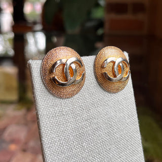 CHANEL CC Clip On Round Gold-Plated Vintage Earrings