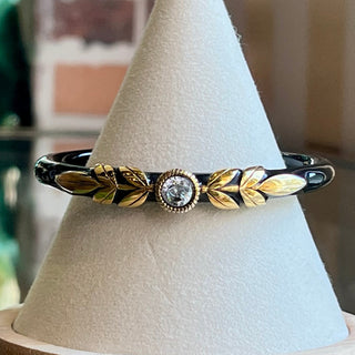 FENDI Black Enamel Gold Leaf Crystal Cuff Bracelet