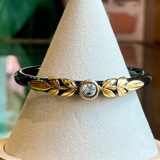 FENDI Black Enamel Gold Leaf Crystal Cuff Bracelet