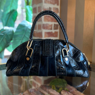 VERSACE Black Pony Hair Croc Embossed Suede Leather Dome Satchel