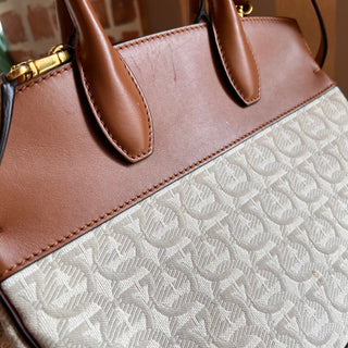FERRAGAMO The Studio Medium Beige Brown Canvas Calfskin Gancini Tote Bag