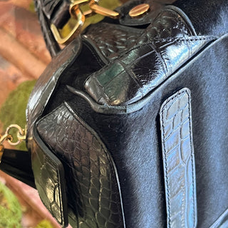 VERSACE Black Pony Hair Croc Embossed Suede Leather Dome Satchel