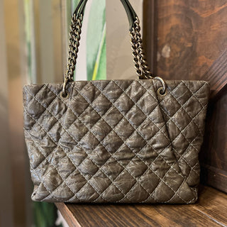 CHANEL Khaki Quilted Glazed Caviar Leather Coco Pleats Tote Bag ADI11206