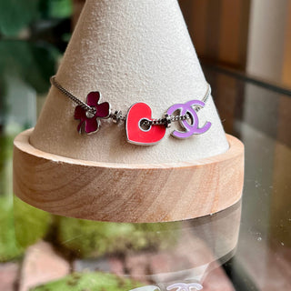 CHANEL CC Clover Heart Silver Enamel Bracelet