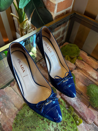 PRADA Blue Patent Leather Bow Pumps