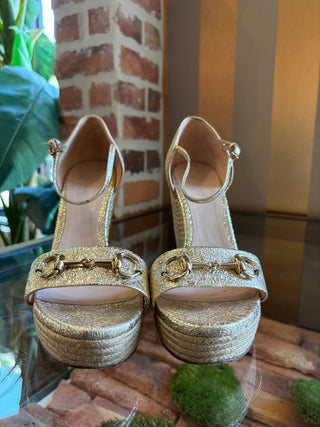 GUCCI Gold Crackled Leather Carolina Espadrilles Wedges