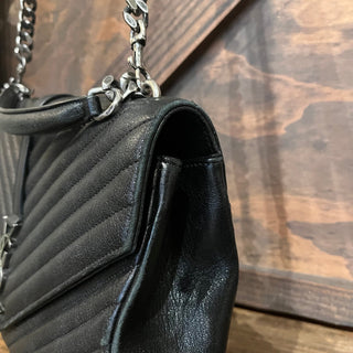 SAINT LAURENT YSL College Black Sheepskin Matelassé Chevron Monogram Shoulder Bag