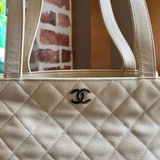 CHANEL CC Tote Cream Quilted Caviar Leather Vintage Tote Bag