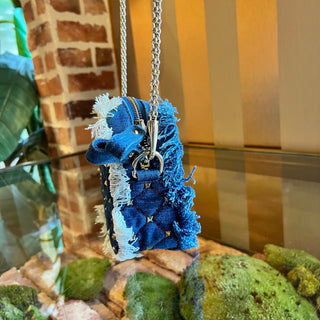 VALENTINO Rockstud Spike Crossbody Blue Denim Fringe Crossbody Bag