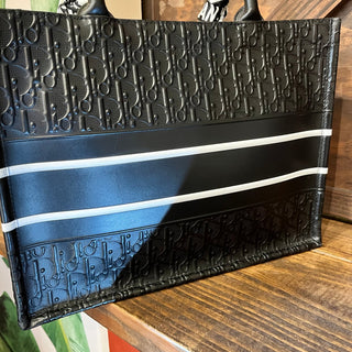 CHRSITIAN DIOR Black Embossed Logo Calfskin  Medium Book Tote