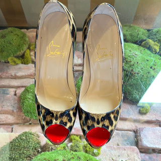 CHRISTIAN LOUBOUTIN Very Prive 120 Leopard Print Patent Peep Toe Pumps SZ35(5US)
