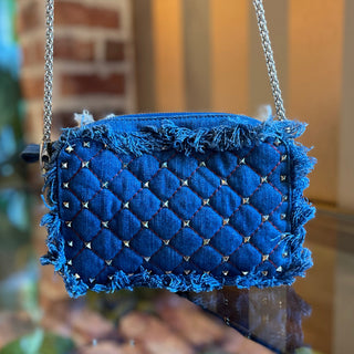 VALENTINO Rockstud Spike Crossbody Blue Denim Fringe Crossbody Bag
