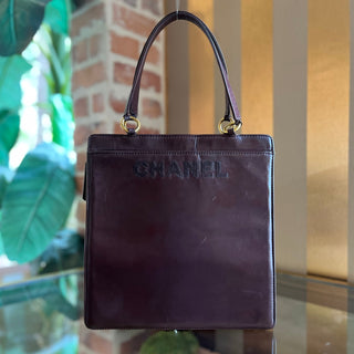 CHANEL Logo Tote Brown Embroidered Calfskin Leather Vintage Tote