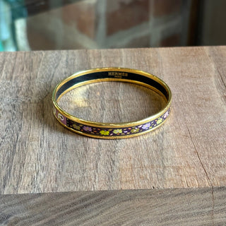 HERMES Floral Motif Enamel Narrow Bangle Bracelet