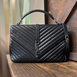 SAINT LAURENT YSL College Black Sheepskin Matelassé Chevron Monogram Shoulder Bag