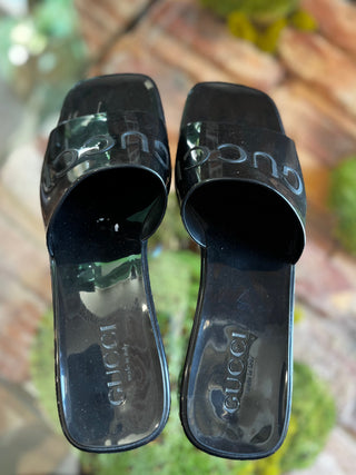 GUCCI Black Rubber Logo Platform Sandals