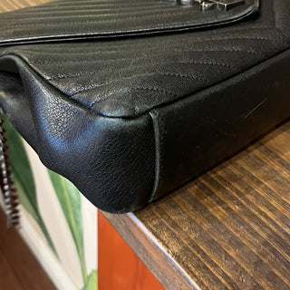 SAINT LAURENT YSL College Black Sheepskin Matelassé Chevron Monogram Shoulder Bag