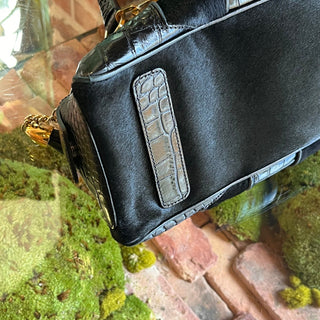 VERSACE Black Pony Hair Croc Embossed Suede Leather Dome Satchel