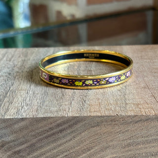 HERMES Floral Motif Enamel Narrow Bangle Bracelet
