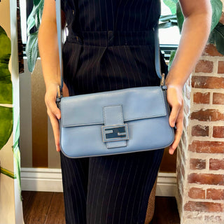 FENDI Vitello Enamel Azzurro Nebula Baguette Shoulder Bag