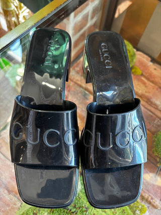 GUCCI Black Rubber Logo Platform Sandals