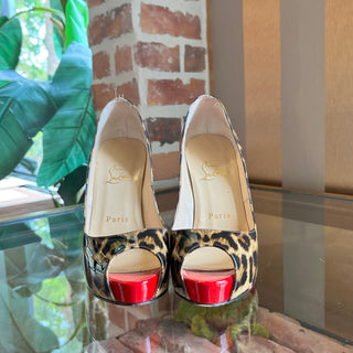 CHRISTIAN LOUBOUTIN Very Prive 120 Leopard Print Patent Peep Toe Pumps SZ35(5US)
