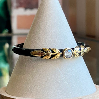 FENDI Black Enamel Gold Leaf Crystal Cuff Bracelet