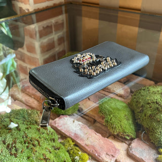 CHRISTIAN LOUBOUTIN Zip Around Gray Leather Studded Long Wallet