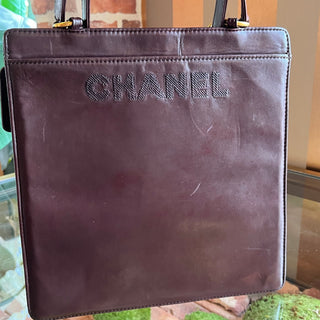 CHANEL Logo Tote Brown Embroidered Calfskin Leather Vintage Tote