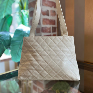 CHANEL CC Tote Cream Quilted Caviar Leather Vintage Tote Bag