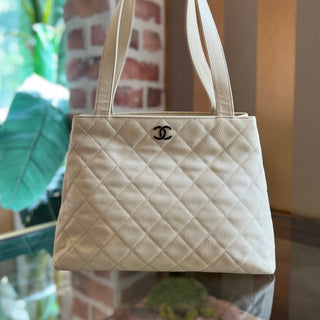 CHANEL CC Tote Cream Quilted Caviar Leather Vintage Tote Bag