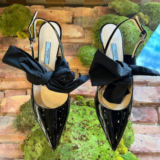 PRADA Black Patent Leather Pointed Toe Sling Backs w/bow SZ 36.5 (6.5 US)