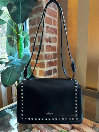 VALENTINO Black Vitello Rockstud Flap Shoulder Bag