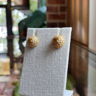 CHANEL CC Clip On Round Gold-Plated Crystal Vintage Earrings