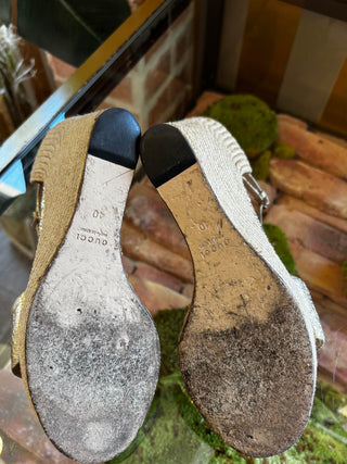 GUCCI Gold Crackled Leather Carolina Espadrilles Wedges
