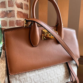 FERRAGAMO The Studio Medium Beige Brown Canvas Calfskin Gancini Tote Bag