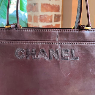 CHANEL Logo Tote Brown Embroidered Calfskin Leather Vintage Tote