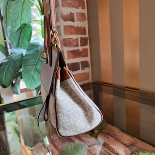 FERRAGAMO The Studio Medium Beige Brown Canvas Calfskin Gancini Tote Bag