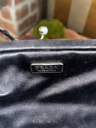 PRADA Black Satin Floral Applique Frame Evening Bag