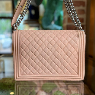 CHANEL Large Boy Bag Peach Quilted Matte Caviar Leather Shoulder Bag