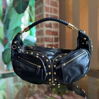 VERSACE Repeat Black Patent Leather Studded Shoulder Bag
