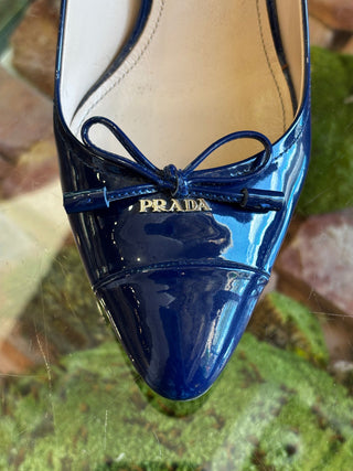 PRADA Blue Patent Leather Bow Pumps