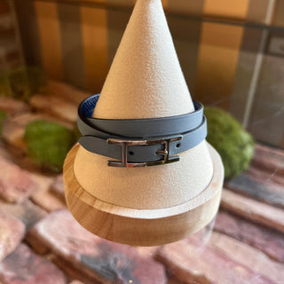 HERMES Blue Two Toned Behapi Reversible Double Tour Leather Bracelet SZ T5