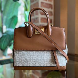 FERRAGAMO The Studio Medium Beige Brown Canvas Calfskin Gancini Tote Bag