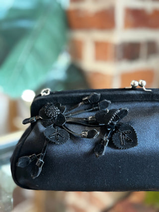 PRADA Black Satin Floral Applique Frame Evening Bag