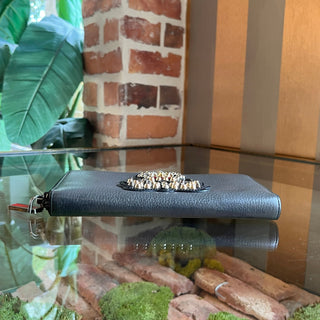CHRISTIAN LOUBOUTIN Zip Around Gray Leather Studded Long Wallet