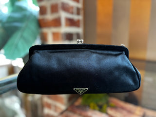 PRADA Black Satin Floral Applique Frame Evening Bag